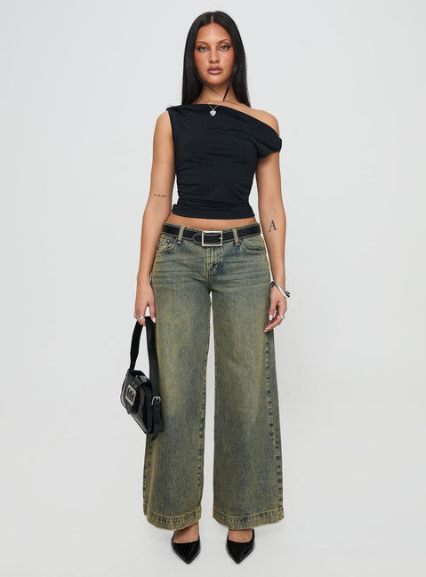 front view of model wearing Princess Polly Alckie Top Black Sleeveless Asymmetric Neckline 