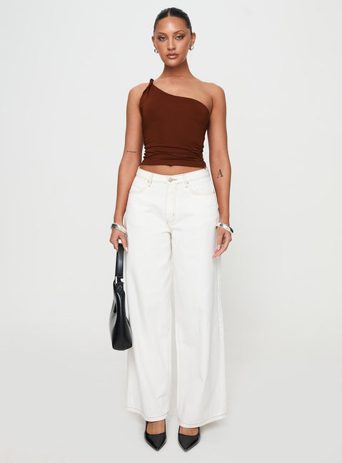 front view of model wearing Princess Polly Anwen Top Brown Sleeveless Asymmetric Neckline 