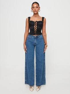 front view of model wearing Princess Polly Arvelin Corset Top Black Sleeveless Sweetheart 