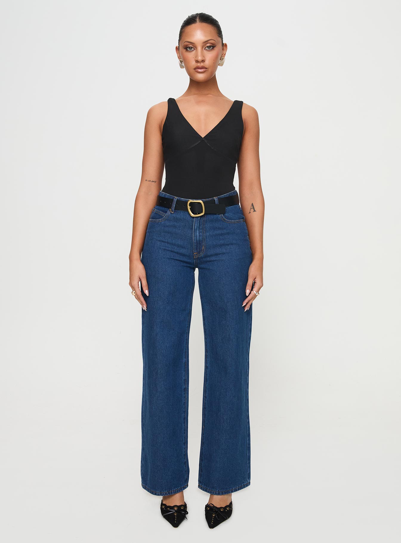 front view of model wearing Princess Polly Nellie Bodysuit Black Sleeveless Plunger 