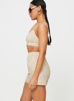 Three-piece matching set Relaxed fit, check print Long sleeve shirt, classic collar, button fastening at front Crop top, adjustable shoulder straps, v-neckline, elasticated band at bust Shorts, elasticated waistband, twin hip pockets