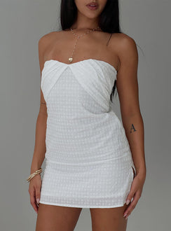 back view of model wearing Princess Polly Irena Broderie Strapless Mini Dress White Sweetheart Neckline 