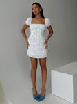 front view of model wearing Princess Polly Powells Mini Dress White / Blue Floral Square Neck 