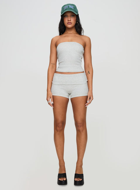 front view of model wearing Princess Polly Baseline Low Rise Rib Shorts Grey Marle Low Rise Shorts 