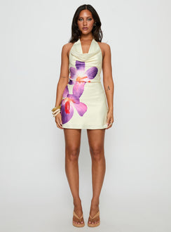 Latifah Halter Cowl Neck Mini Dress Cream Floral