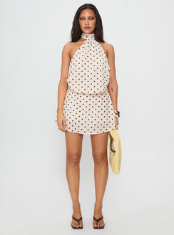 Natalea High Neck Playsuit Cream / Brown Polka