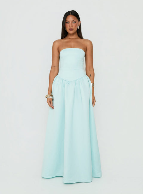 Soft Bloom Drop Waist Strapless Maxi Dress Blue