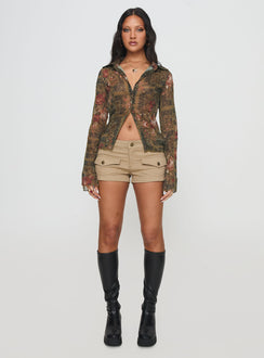 front view of model wearing Princess Polly Luelue Long Sleeve Shirt Multi Full Sleeves V-Neck 