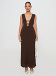 side view of model wearing Princess Polly Steward Maxi Dress Chocolate Plunger 