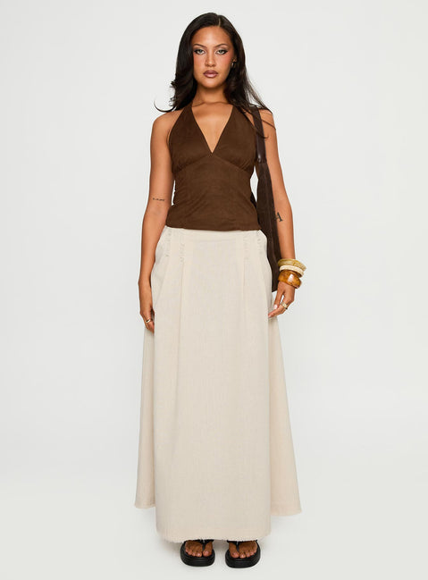   side view of model wearing Princess Polly Bohemian Spirit Maxi Skirt Beige Maxi 