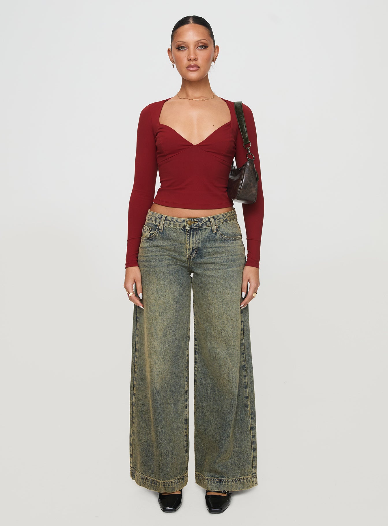 side view of model wearing Princess Polly Tonya Long Sleeve Top Red Full Sleeves Sweetheart 