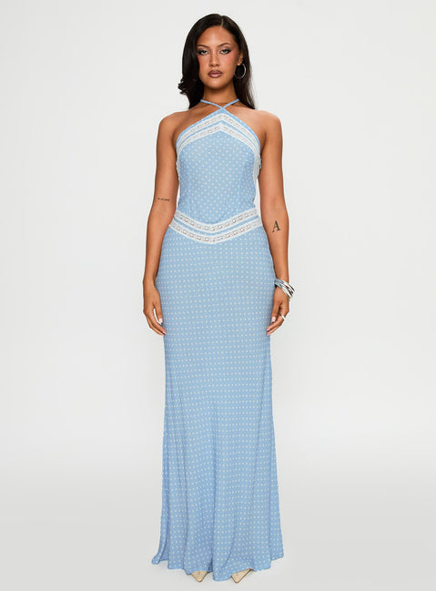 front view of model wearing Princess Polly Wild Joy Halter Maxi Dress Blue Polka Asymmetric Neckline 