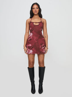 front view of model wearing Princess Polly Hellita Mini Dress Red Floral Scoop Neck 