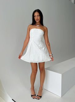 front view of model wearing Princess Polly Picard Strapless Mini Dress White Straight Neck 