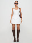 front view of model wearing Princess Polly Mallorie Halter Mini Dress White Scoop Neck 