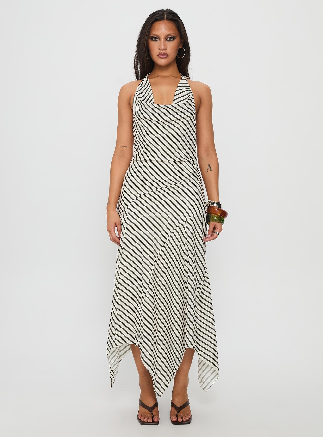 Junipa Halter Asymmetrical Maxi Dress White Stripe