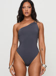 front view of model wearing Princess Polly Talija One Shoulder Bodysuit Slate Sleeveless Asymmetric Neckline 