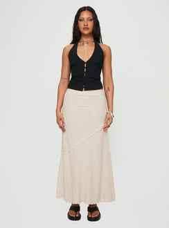 front view of model wearing Princess Polly Vayda Halter Top Black Sleeveless Plunger 