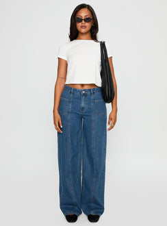 front view of model wearing Princess Polly Taji Wide Leg Jeans Dark Blue Mid Rise 