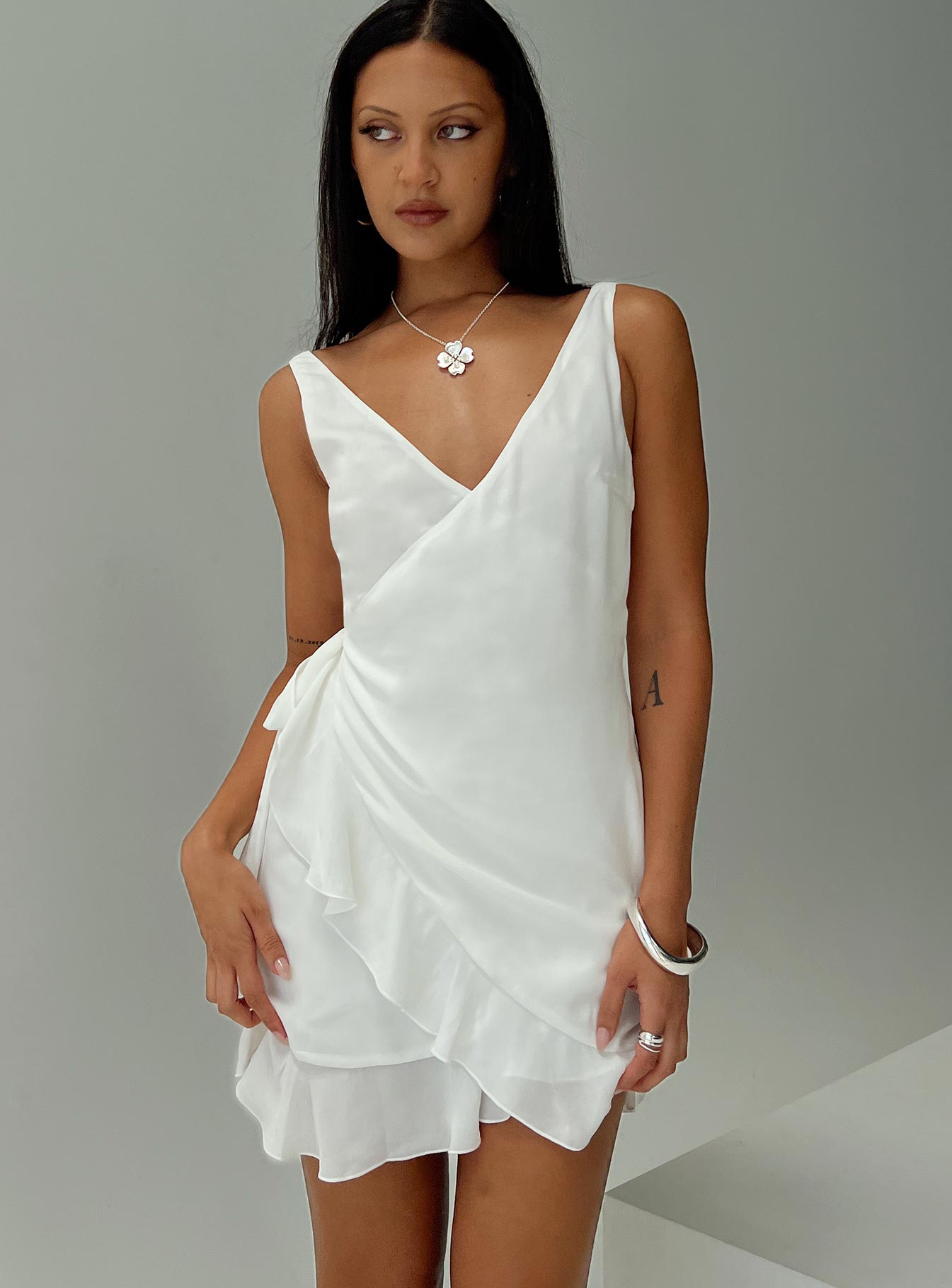 front view of model wearing Princess Polly Sabelle Mini Dress White Plunger 