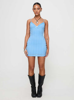 side view of model wearing Princess Polly Susurrus Mini Dress Blue V-Neck 