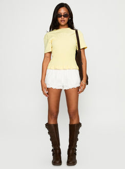 front view of model wearing Princess Polly Maybe Tomorrow Ruched Top Lemon Short Sleeves Crew Neck 