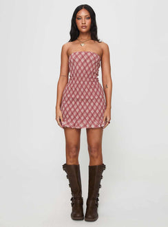 front view of model wearing Princess Polly Takiyo Mini Dress Pink Straight Neck 