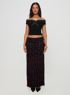   front view of model wearing Princess Polly Donabella Mesh Maxi Skirt Black / Red Maxi 