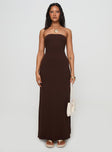 front view of model wearing Princess Polly Bellaire Strapless Maxi Dress Brown Straight Neck 