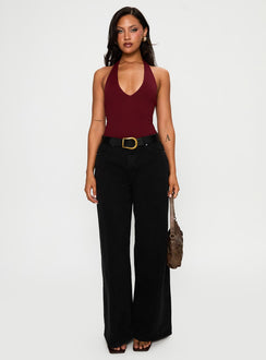 back view of model wearing Princess Polly Someone New Halter Bodysuit Burgundy Sleeveless 