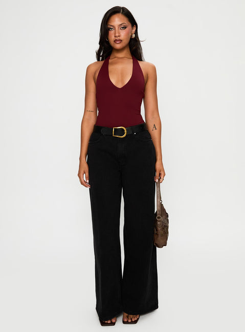 back view of model wearing Princess Polly Someone New Halter Bodysuit Burgundy Sleeveless 