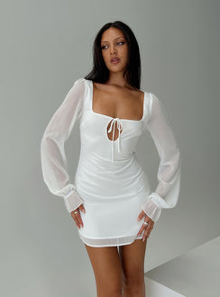 front view of model wearing Princess Polly Bayford Long Sleeve Mini Dress White Square Neck 