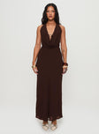 front view of model wearing Princess Polly Alejandria Cowl Neck Maxi Dress Chocolate Cowl Neck 