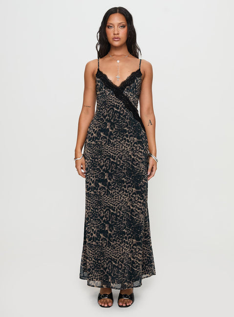 front view of model wearing Princess Polly Rosalba Maxi Dress Leopard Plunger 