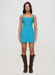 front view of model wearing Princess Polly Baseline Rib Mini Dress Blue Scoop Neck 