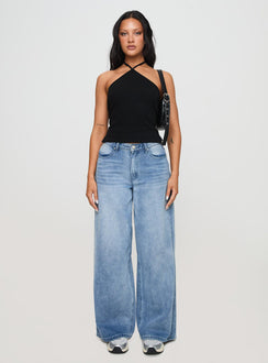 front view of model wearing Princess Polly Baseline Halter Rib Top Black Sleeveless 