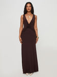 front view of model wearing Princess Polly Frederica Plunge Maxi Dress Chocolate Petite Plunger 