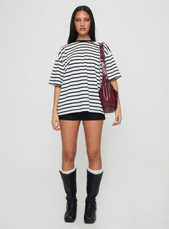 back view of model wearing Princess Polly Nersa Oversized Tee Black/white Stripe Half Sleeves Crew Neck 