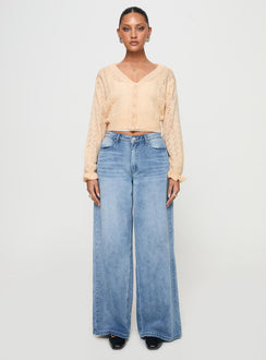 back view of model wearing Princess Polly Lyric Cropped Cardigan Beige Cropped 