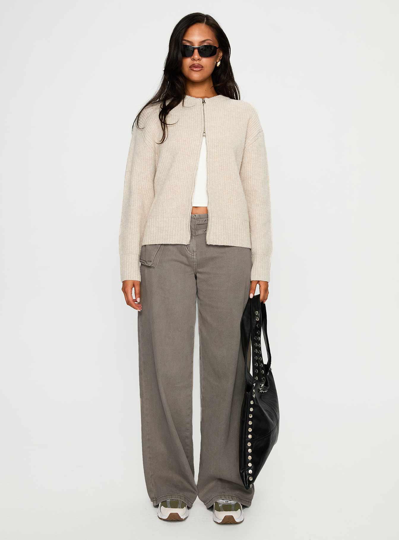 front view of model wearing Princess Polly Lexene Zip Through Jumper Oat regular 