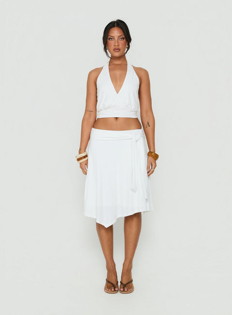 Soft Focus Tie Waist Midi Skirt White