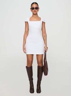 front view of model wearing Princess Polly Ravenna Mini Dress White Scoop Neck 