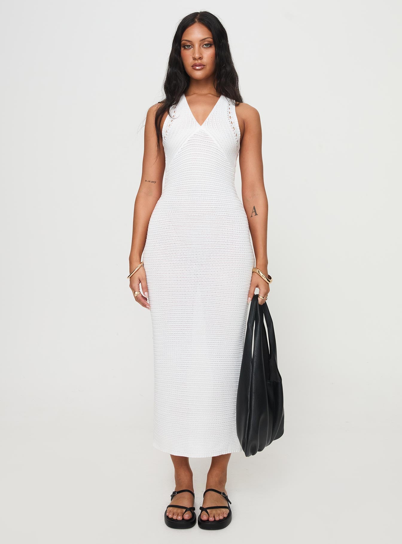 front view of model wearing Princess Polly Nyman Maxi Dress White V-Neck 