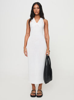front view of model wearing Princess Polly Nyman Maxi Dress White V-Neck 