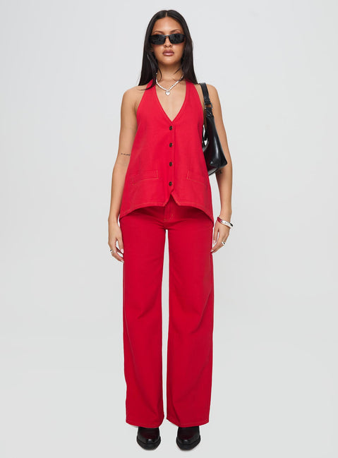 front view of model wearing Princess Polly Top Model Jeans Red Mid Rise 