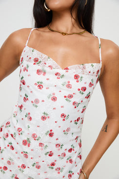 back view of model wearing Princess Polly Celena Lace Mini Dress White / Red Floral Sweetheart Neckline 