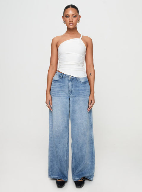 side view of model wearing Princess Polly Elowyn Top White Sleeveless Asymmetric Neckline 