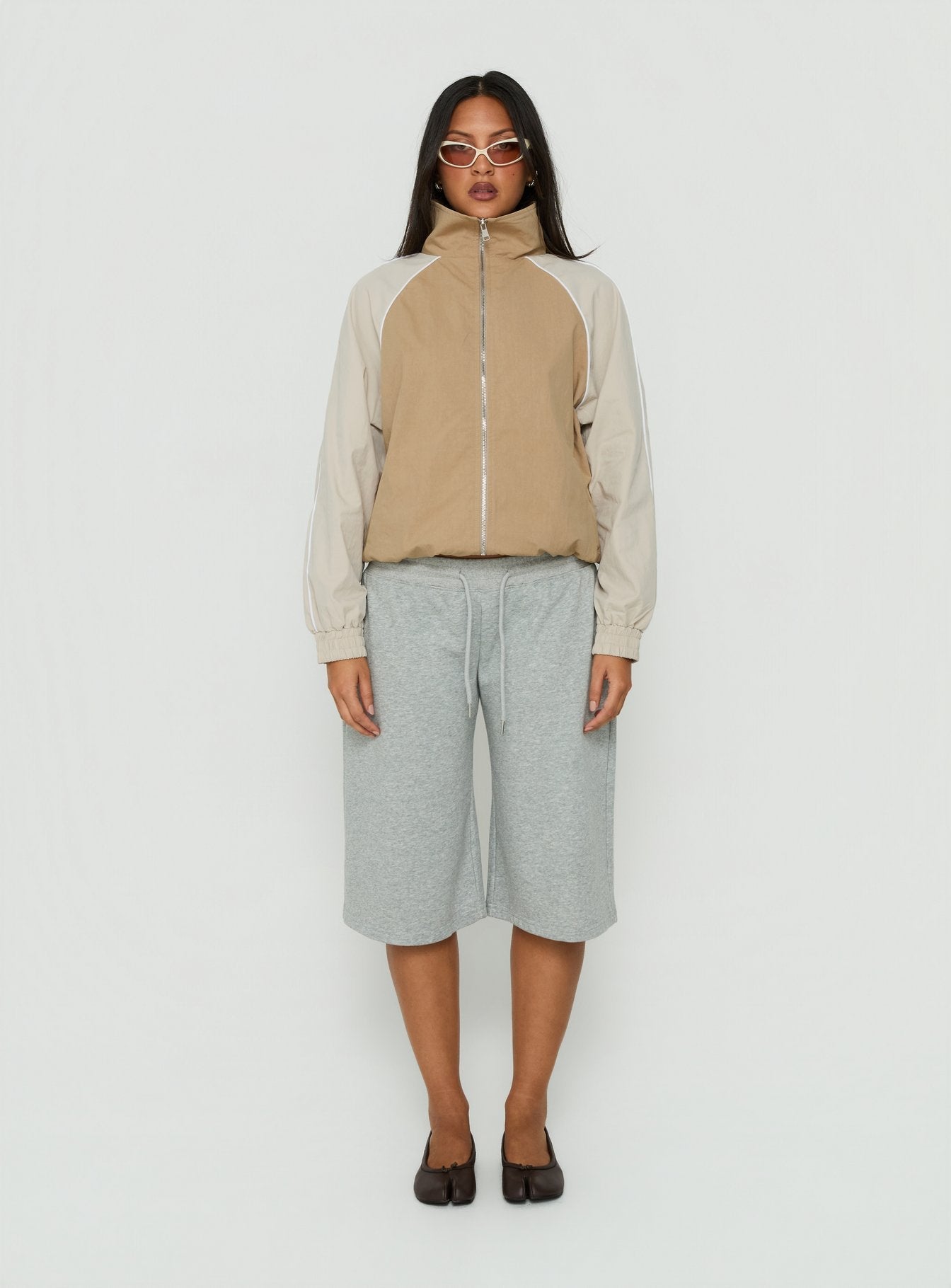 Mistro Funnel Neck Windbreaker Jacket Beige