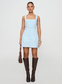 front view of model wearing Princess Polly Talisse Dress Blue Petite Square Neck 