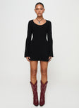 front view of model wearing Princess Polly Best Interest Long Sleeve Mini Dress Black Petite Scoop Neck 